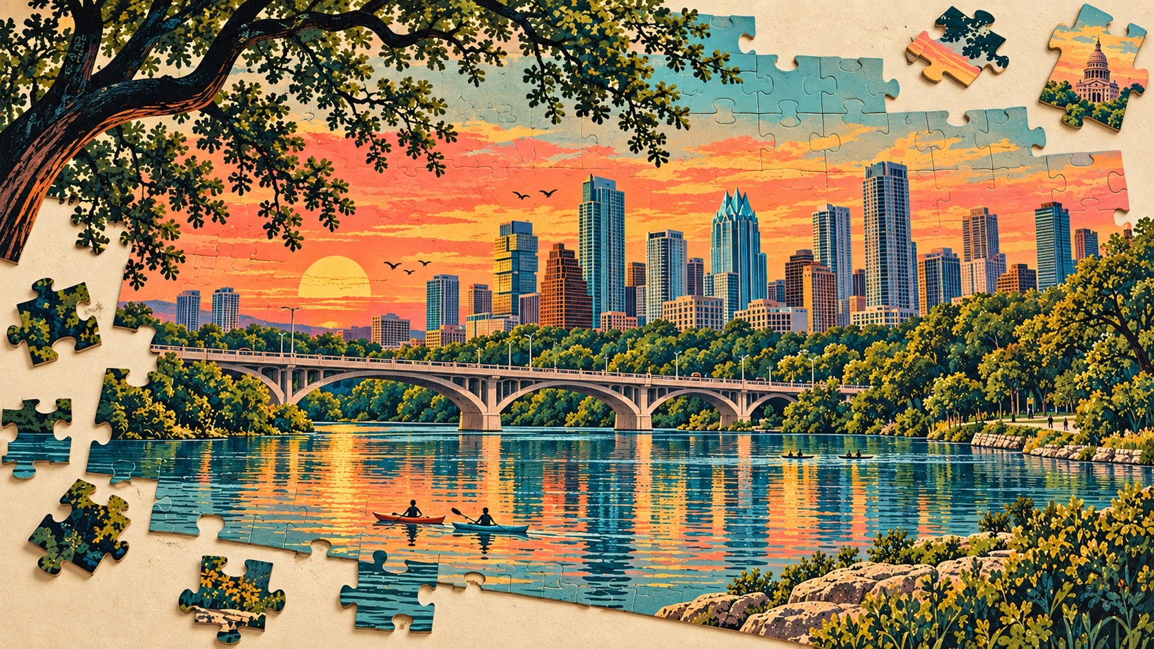 Jigsaw illustration of Lady Bird Lake, the Congress Avenue Bridge, and downtown Austin, with the Texas Capitol on a separate loose piece